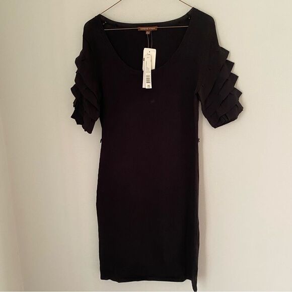 Adrienne Vittadini Women’s Short Ruffle Sleeve Scoop Neck Knit Midi Black Dress - Picture 1 of 3
